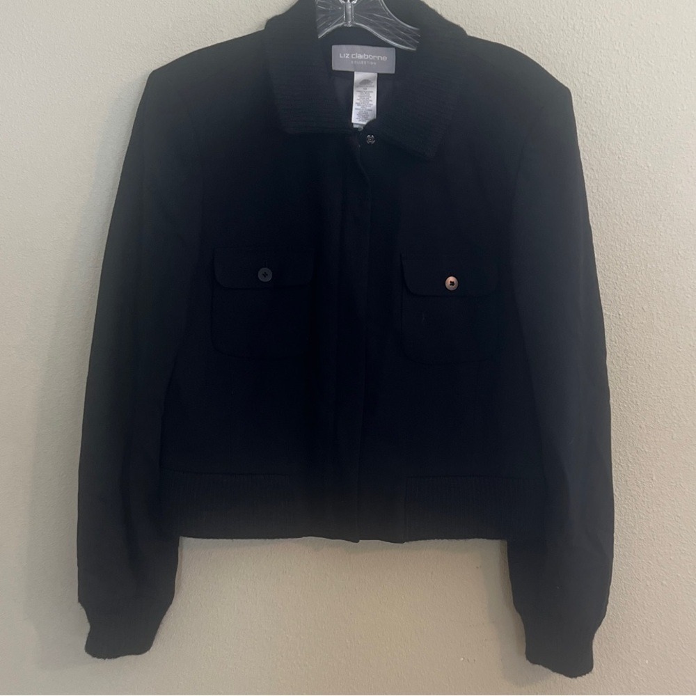 Liz Claiborne Collection Utility Jacket Womens 10 Black Wool Ribbed Knit Trim